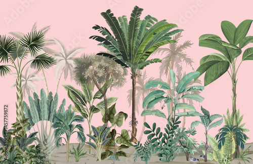 Traditional Mughal Garden Illustration, Wall Mural, Tropical Tree.