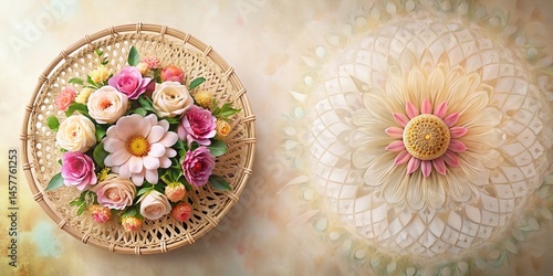 Minimalist Floral Basket Mandala Design Backdrop Stock Photo