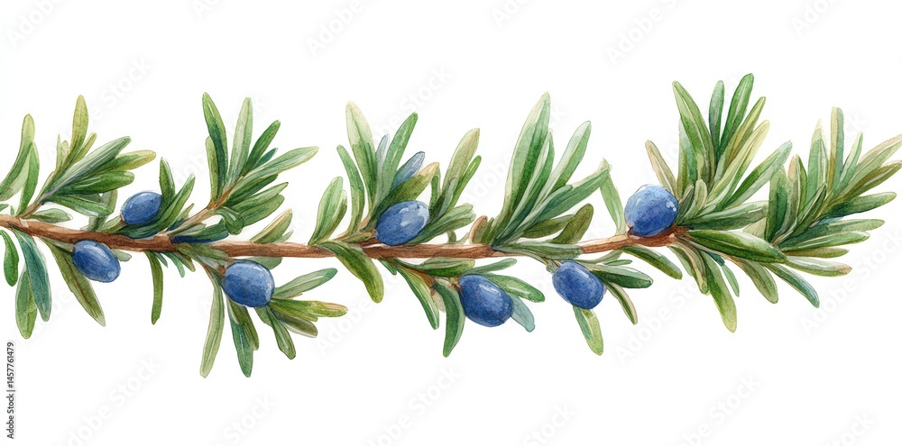 Obraz premium Juniper branch with blue berries watercolor painting