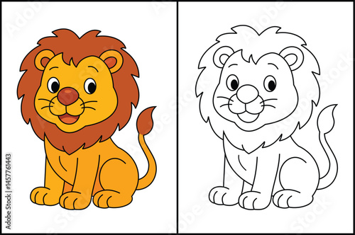 Cute lion cartoon character line art for kids coloring page book vector illustration