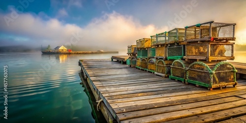 Minimalist Lobster Traps on a Rustic Wharf at Dawn