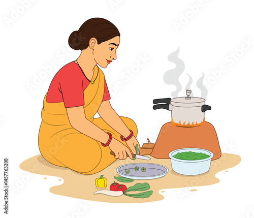 Indian Woman Cooking Traditional Food on Clay Stove – Cultural Kitchen Illustration. Village Woman Cooking Food. Rural Indian Woman Cooking Food.
