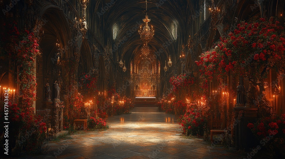 Fototapeta premium Sunlight streams through the stained glass windows of a grand, ornate cathedral interior.