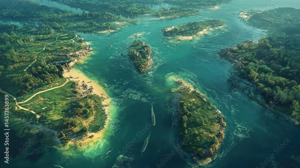 Scenic aerial view of an archipelago with lush greenery and turquoise waters Scenic aerial view of an archipelago with lush greenery and turquoise waters