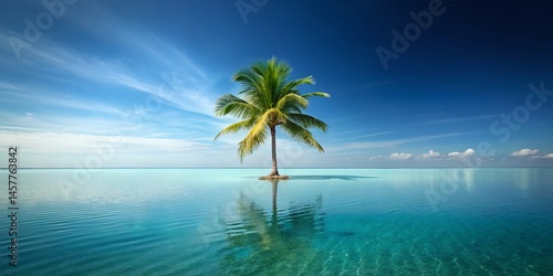Minimalist Palm Tree Island in Tranquil Water with Blue Background - Stock Photo