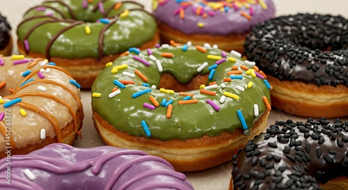 Assorted mochi donuts with matcha, ube, and black sesame glazes. Close-up of chewy texture, rainbow sprinkles