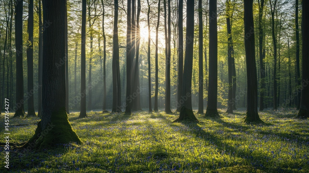 Obraz premium Sunlight filtering through a dense forest at dawn.