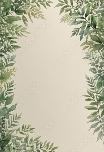 Watercolor greenery border framing blank space, soft hues ,  frame,  illustration