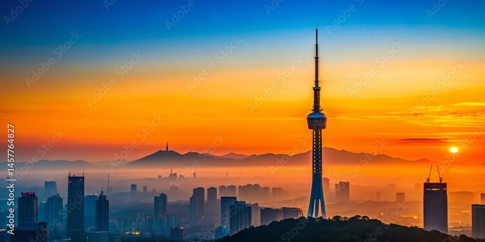 Obraz premium Minimalist Seoul Skyline: N Seoul & Lotte Towers Silhouette at Sunset