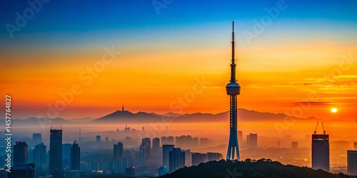 Minimalist Seoul Skyline: N Seoul & Lotte Towers Silhouette at Sunset
