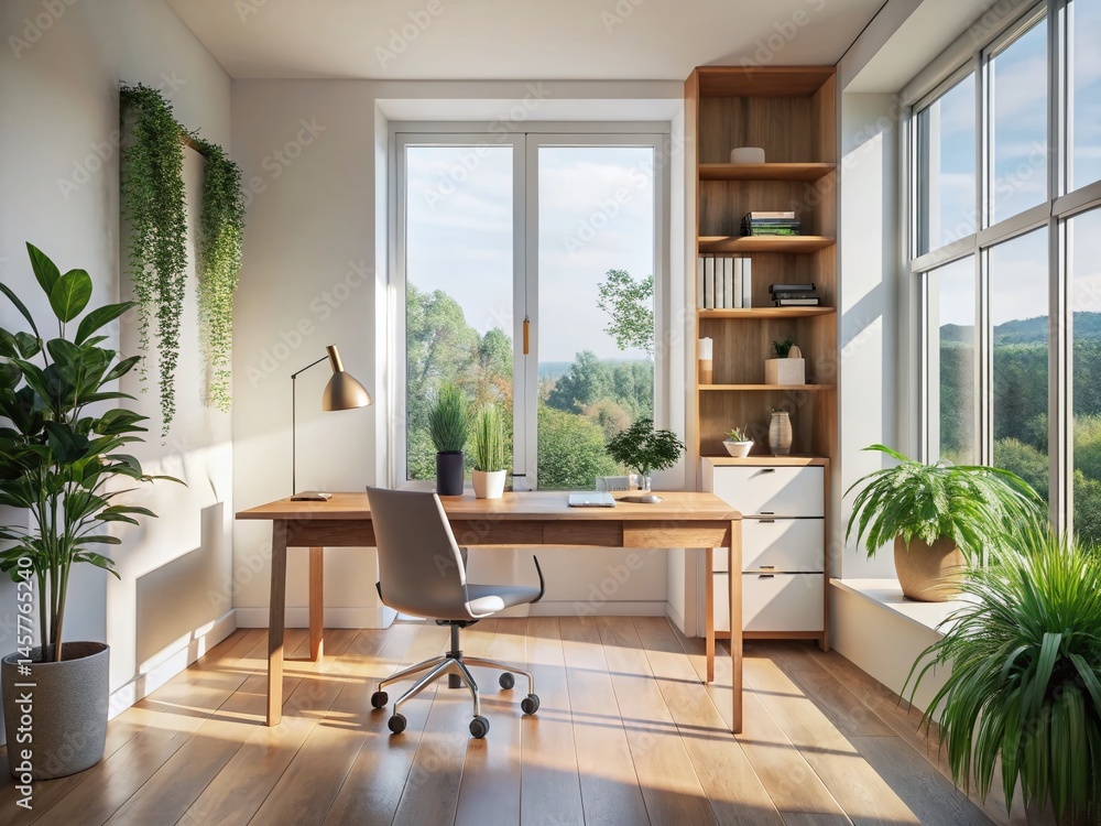 Fototapeta premium Minimalist Study Room with Panoramic View & Natural Light - Elegant Home Office Design