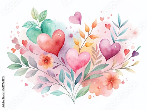 Minimalist Watercolor Valentine's Day Design Elements: Hearts, Flowers, and Romantic Shapes