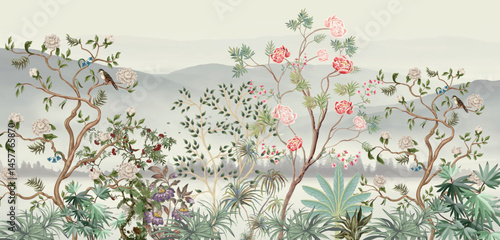 Blossom Chinoiserie, Hand painted wallpaper and fabrics, Watercolor Background, Birds.