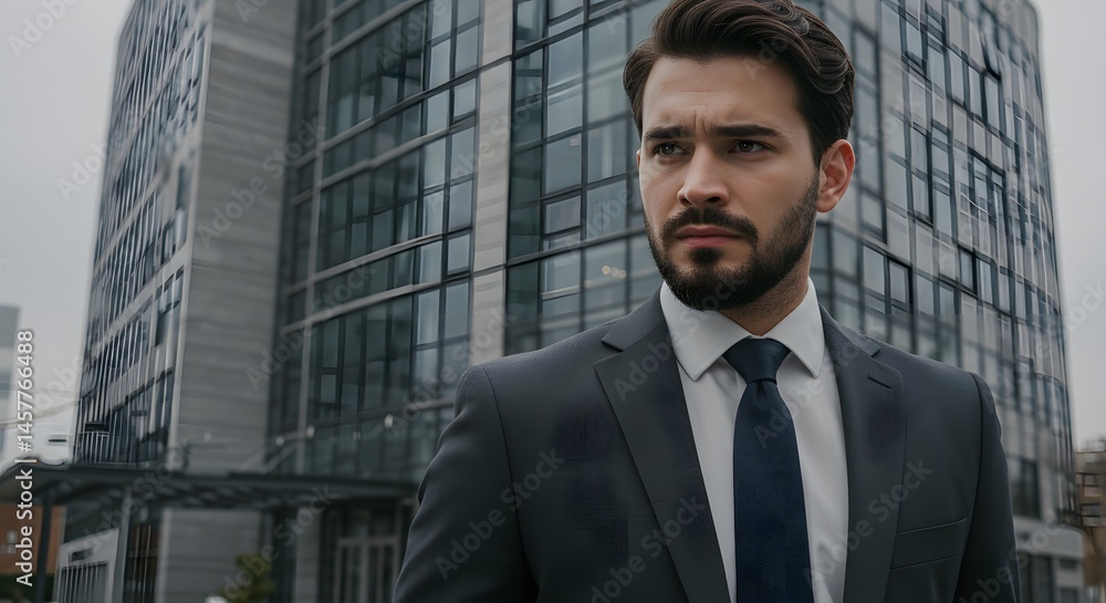 A man in a suit stands confidently in front of a modern office building with a determined expression A man in a suit stands confidently in front of a modern office building with a determined expression