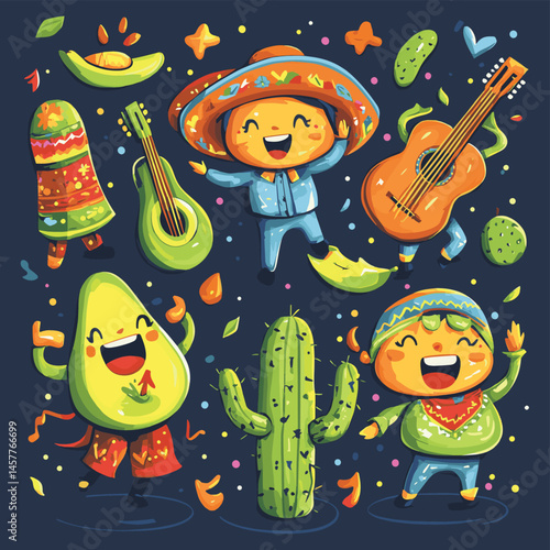 Cinco de Mayo - May 5, federal holiday in Mexico. Fun, cute characters as chilli pepper, avocado, cactus playing guitar, dancing and drinking tequila, vector style simple color
