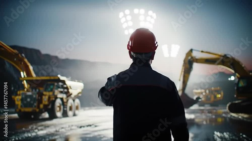 Worker overseeing mining equipment at night