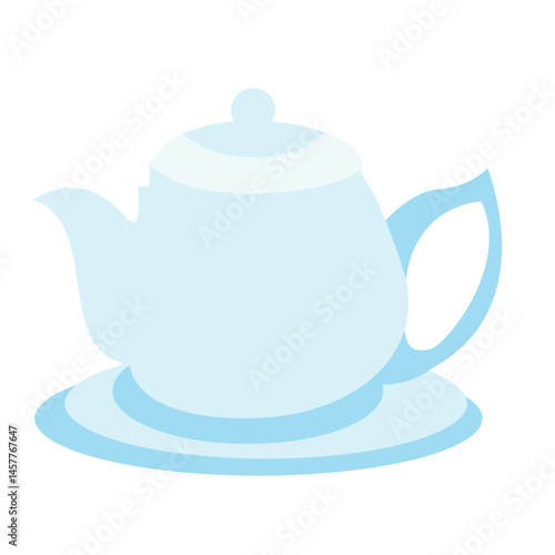 An artistic illustration of a light blue ceramic teapot with a lid, curved handle, and spout, placed on a matching saucer. Designed in a minimal, elegant style for kitchen-themed projects.