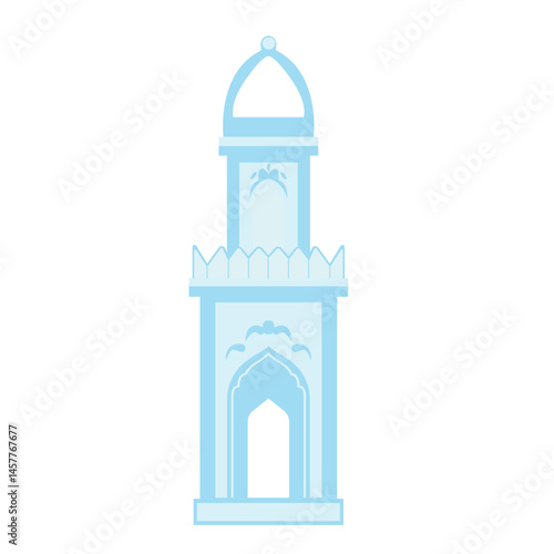Flat blue illustration of a mosque minaret, representing Islamic architecture. Ideal for religious themes, Ramadan decorations, cultural education, spiritual content.
