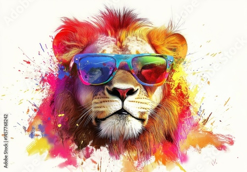 a vibrant watercolor portrait of a lion wearing rainbow sunglasses with a playful splash of colors