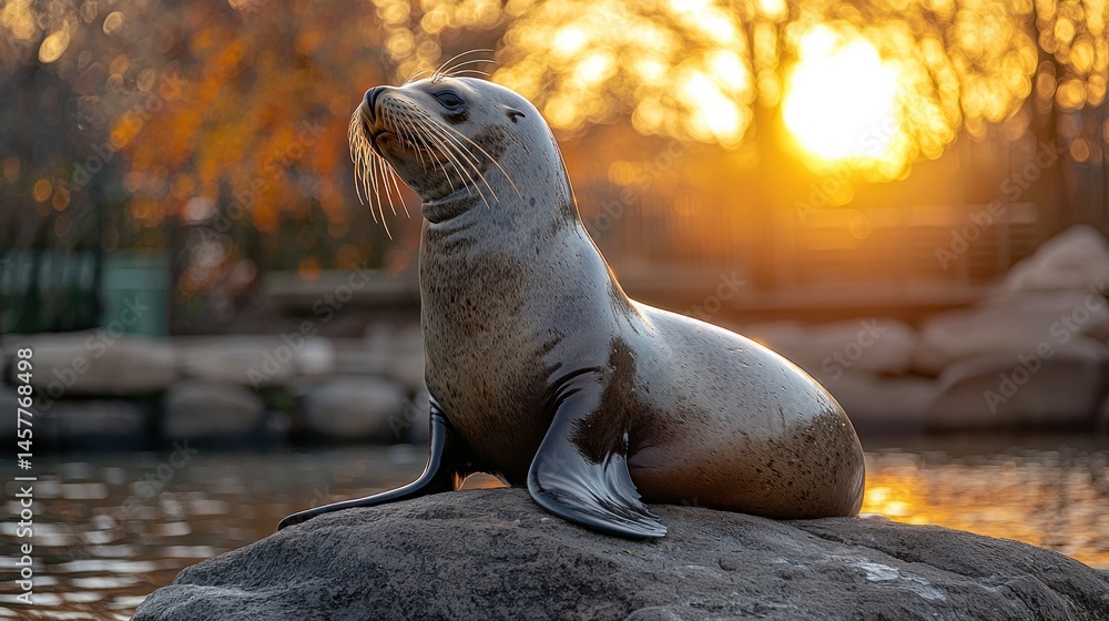 Fototapeta premium A sea lion basks in the golden sunset light