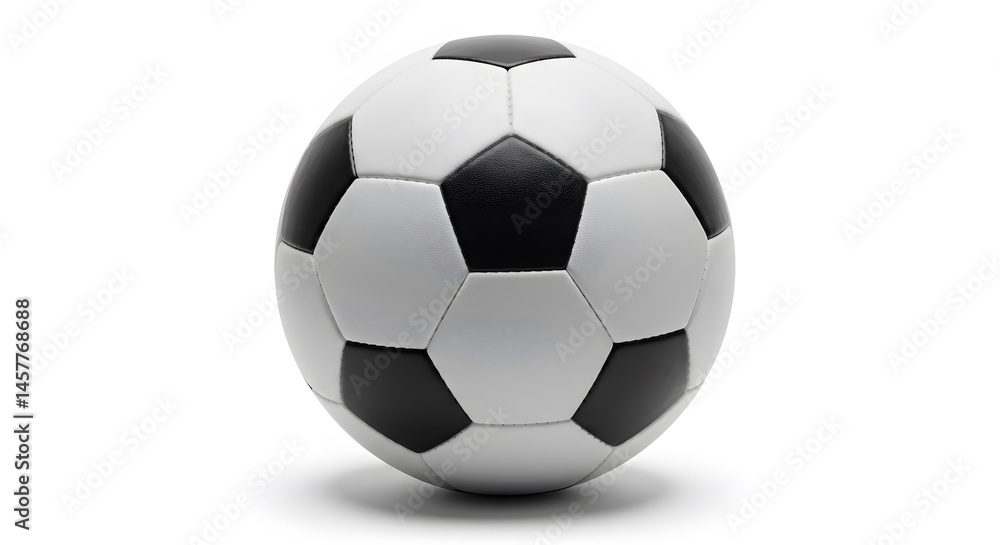 Fototapeta premium A close up shot of a soccer ball with black and white panels on a white background in soft studio light