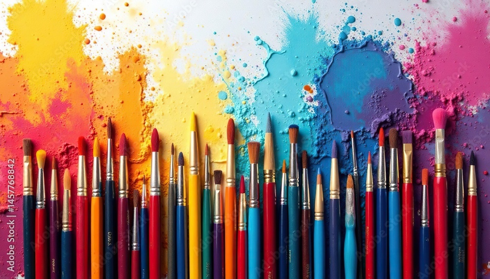 Fototapeta premium Assortment of paintbrushes with diverse colors, art supplies, brush set