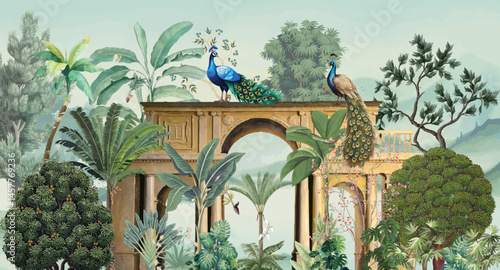 Traditional Mughal Garden Illustration, Mughal Arch, Peacock, Watercolor Background. 