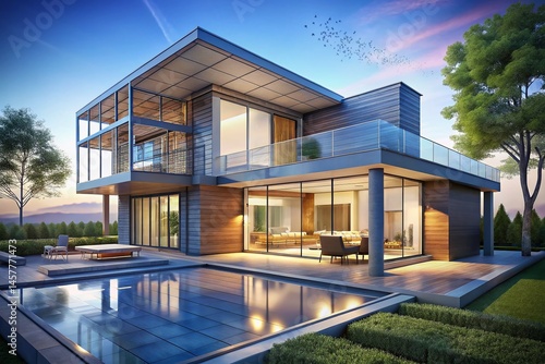 Modern House Architectural Blueprint  Detailed 3D Model of Contemporary Home Design