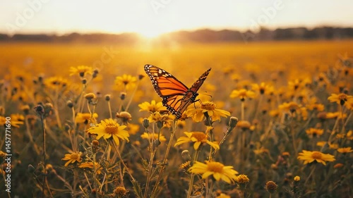 Monarch butterfly on yellow flowers field nature photography sunset meadow summer spring scenic beauty bloom 4k video