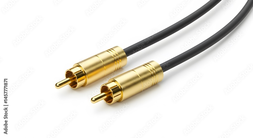 A close up shot of two rca cables with gold connectors against a white background in a studio shot A close up shot of two rca cables with gold connectors against a white background in a studio shot