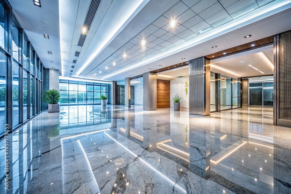 Obraz premium Modern Luxury Office Lobby Interior: Marble Floor, Clean Hallway, Corporate Business Setting