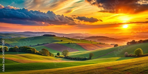 Modern Minimalist Landscape: Serene Sunset Over Rolling Hills - Contemporary Print