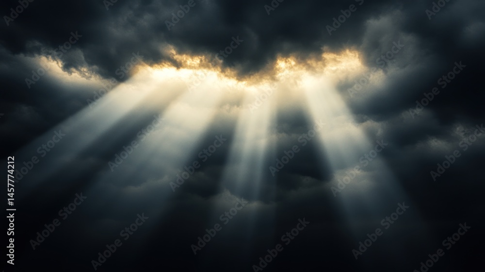 Fototapeta premium Dramatic sunbeams breaking through dark clouds hope power and heavenly light