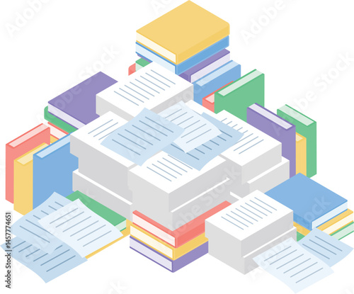 大量の資料や書類が山積みになっているイラスト