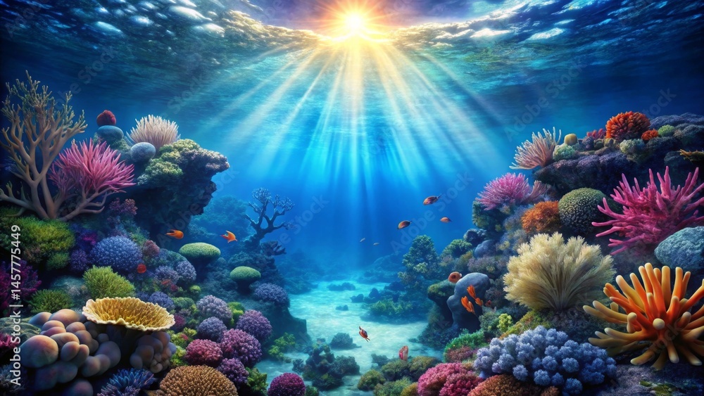 Fototapeta premium Vibrant Underwater Paradise Sunbeams Illuminate a Thriving Coral Reef Ecosystem with Colorful Fish and Diverse Marine Life
