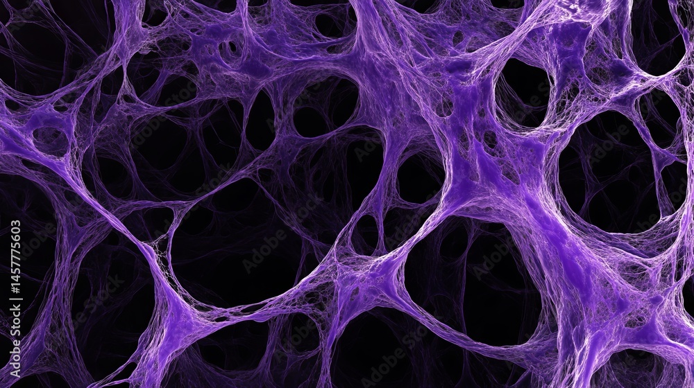 A purple network of interconnected strands against a dark background with many open spaces A purple network of interconnected strands against a dark background with many open spaces