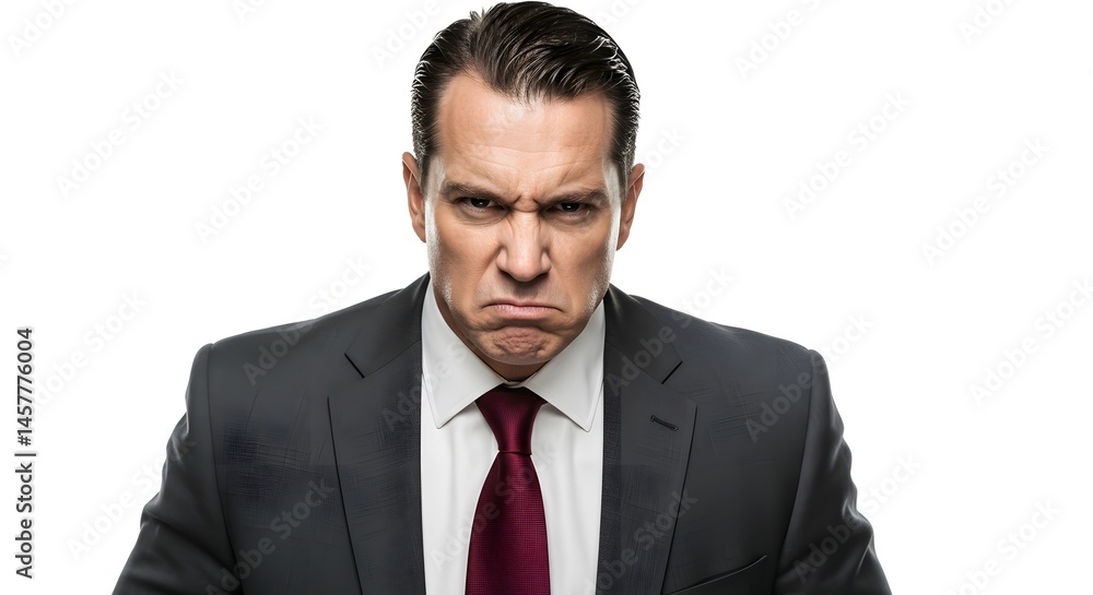 Man in suit with angry expression and furrowed brow against a white background in studio shot Man in suit with angry expression and furrowed brow against a white background in studio shot