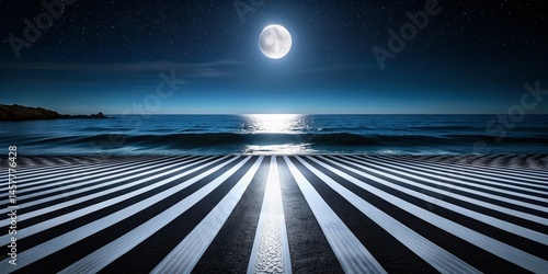 Monochrome Striped Night Sky, Coastal Seascape Pattern, Black and White Beach Design
