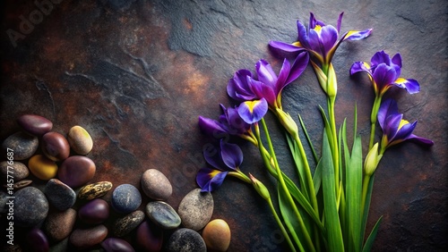 Moody Irises Flat Lay: Deep Hues & Soft Textures on Pebble Background