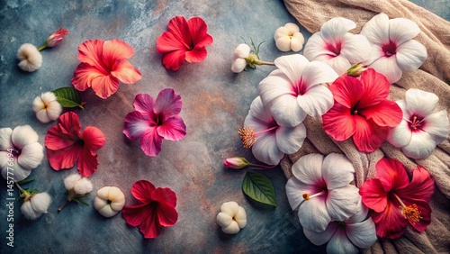 Moody Hibiscus Flat Lay: Soft Cotton Background, High-Resolution Floral Photography