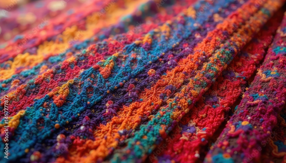 Fototapeta premium Close-up of colorful fabric swatch, intricate woven design, bold, handmade, style