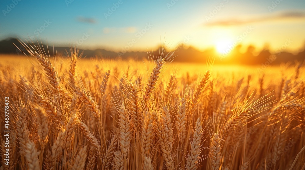 Golden wheat field at sunset. Lush, ripe wheat stalks bathed in warm sunlight. A beautiful summer landscape Golden wheat field at sunset. Lush, ripe wheat stalks bathed in warm sunlight. A beautiful summer landscape