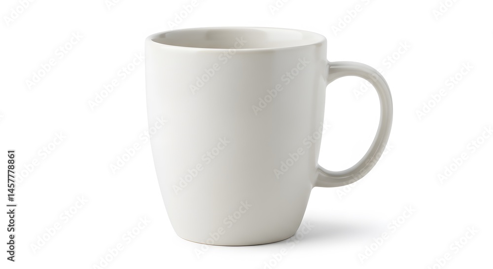 A simple white ceramic mug with a handle sitting on a plain white surface in a studio setting A simple white ceramic mug with a handle sitting on a plain white surface in a studio setting