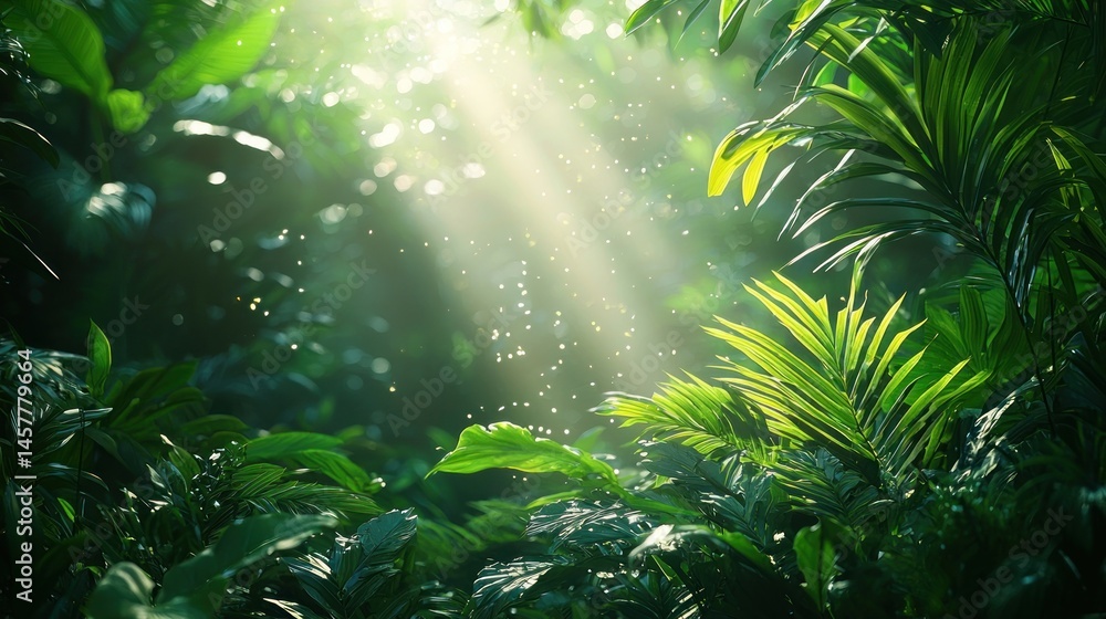 Obraz premium Lush tropical rainforest scene, sunlight filtering through foliage