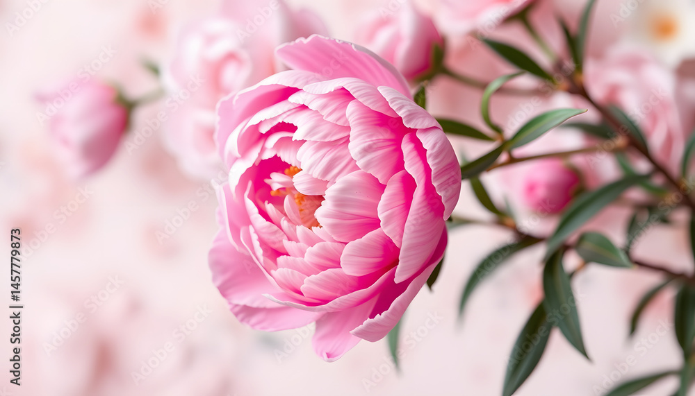 Fototapeta premium Peony flower in blossom on pastel floral background with bokeh. Banner for Mother's day, wedding decoration or beauty branding. isolated with white highlights