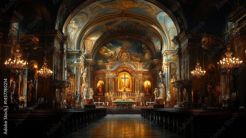 Fototapeta premium Elaborate interior showcases vast architecture, with light streaming through stained glass windows.