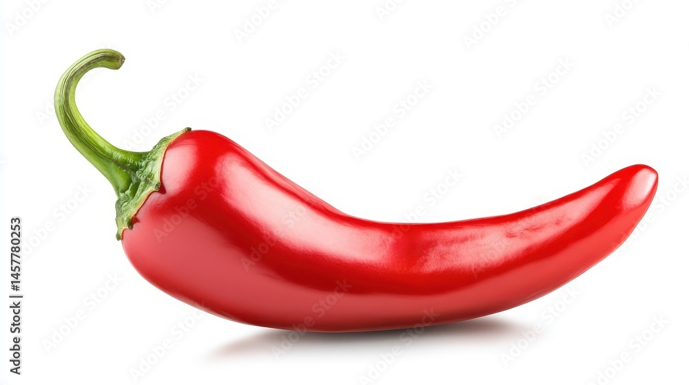 Isolated red chili pepper with a green stem on white background. Good for spicy food, cooking, or hot sauce related designs. Isolated red chili pepper with a green stem on white background. Good for spicy food, cooking, or hot sauce related designs.