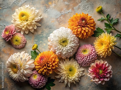 Neutral Chrysanthemum Flat Lay: Soft Textures & Glowing Hues on Plaster