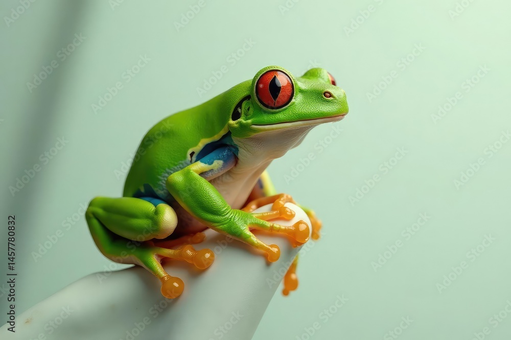 Obraz premium Green tree frog perched on white, vibrant skin, green frog, zoology, closeup