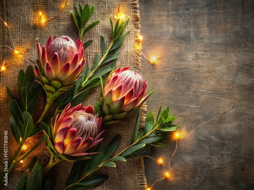 Neutral Protea Flat Lay: Hazy Night Photography on Burlap